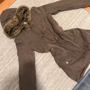 Roxy Brown Utility Jacket with Faux Fur Hood